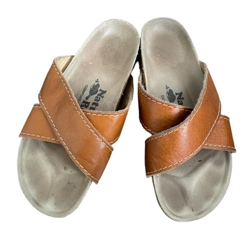 Vintage Roots Brown Crisscross Leather Slide Sandals - 35, fits like 6US 🇨🇦